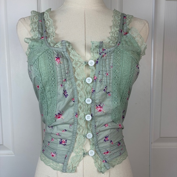 Tops - Cottagecore fairycore green lace floral tank top